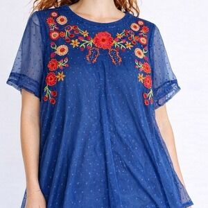 Umgee USA Blue Floral Embroidered Mesh Swiss Dot Top A3987 Medium Boho